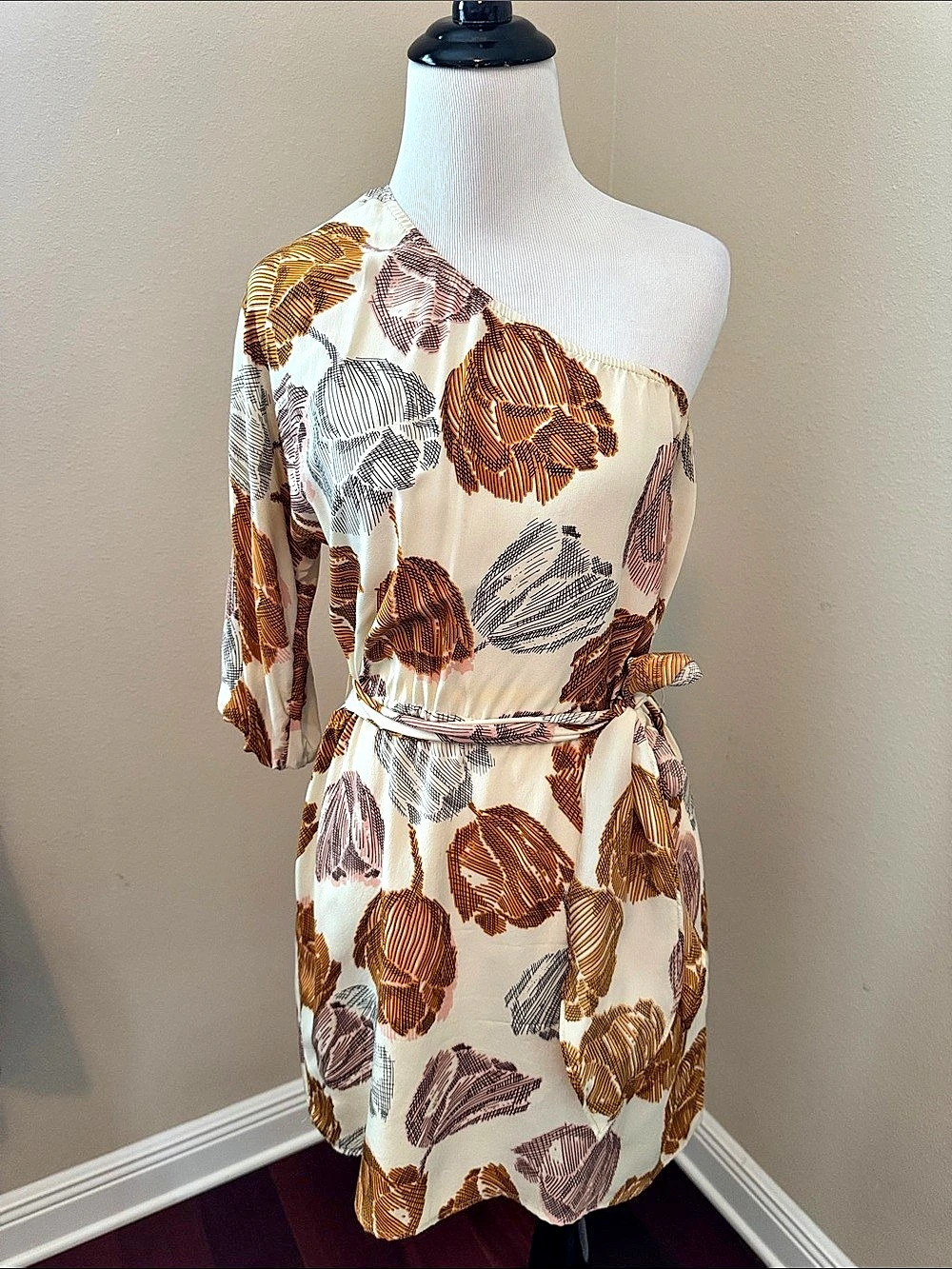 Floral One-Shoulder Mini Dress in White & Brown Like New